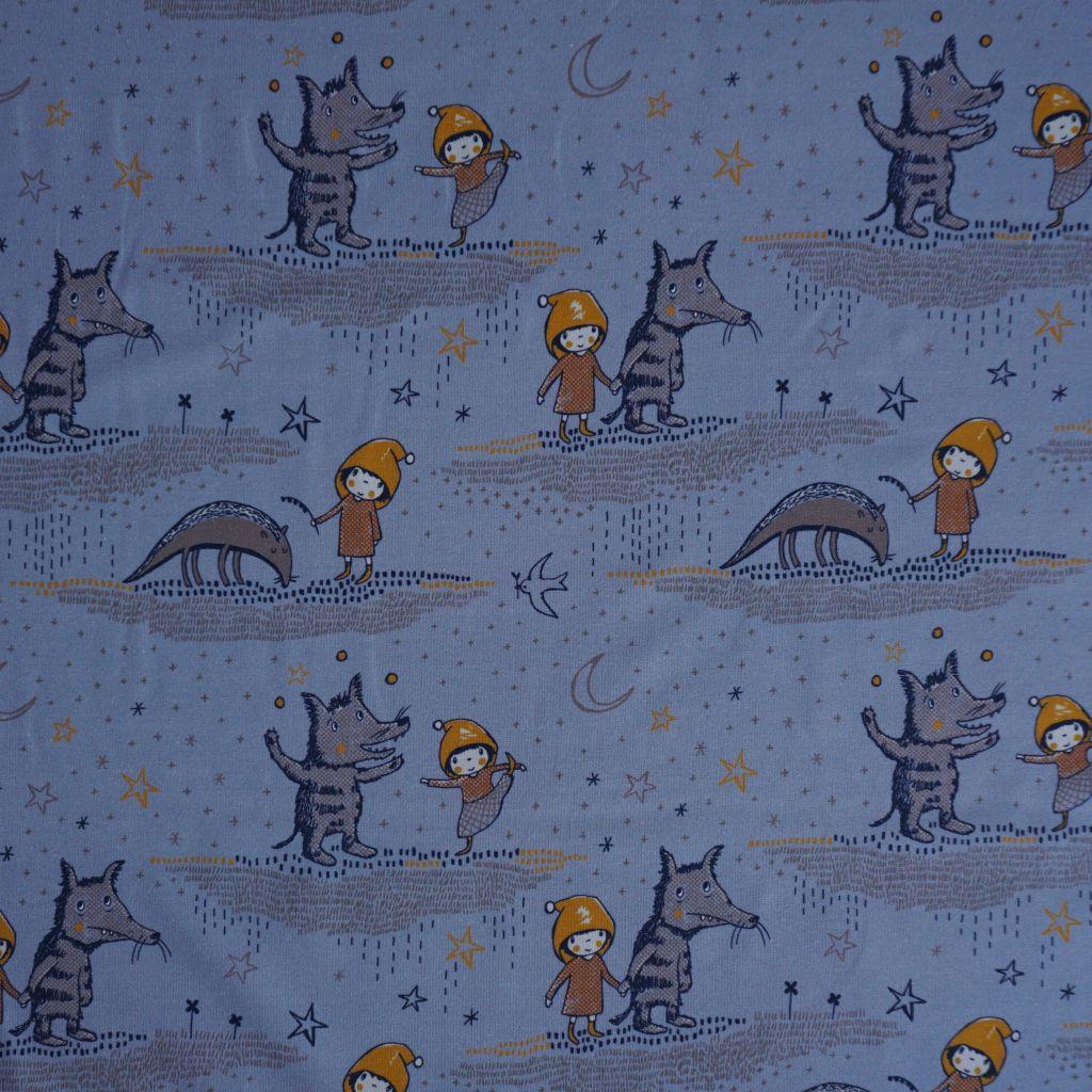 Baumwolljersey Wolf bei Nacht von Susalabim blau gelb – Bio
